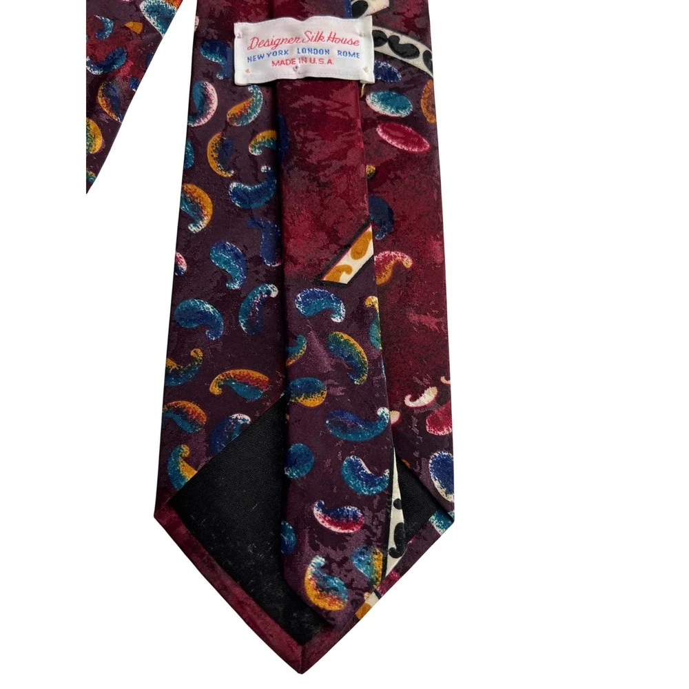 Vintage Designer Silk House Tie OS Burgundy Paisley Abstract‎ Geometric Silk A22